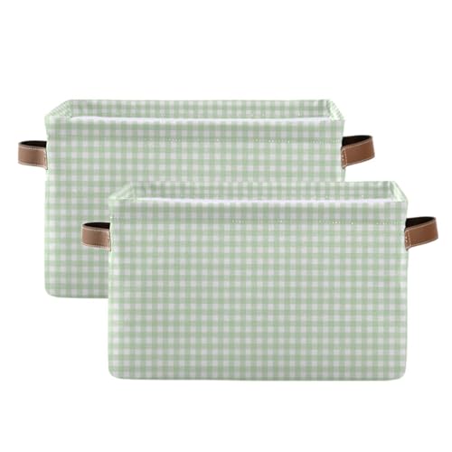 Image of Storage Bin 2PCS Green Gingham Checkered Fabric Storage Baskets for Organizing Closet Shelf Nursery Toy Clothes Organizer with Handles