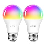ANWIO 2-Pack Smart Light Bulbs 8.5W (60W Replacement) A19 E26 LED Bulb Work with Alexa, Google Assistant, Smart Life App, Tuya App, Color Changing, No Hub Required