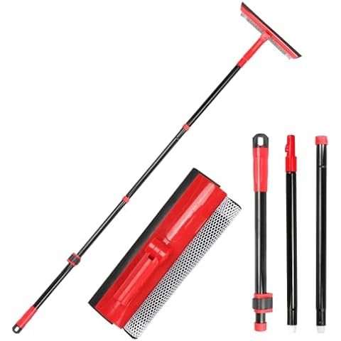 Long Handle Window Squeegee,2-in-1 Glass Squeegee Have 63" Adjustable Soft Rubber Blade & 10" Absorbent Sponge Head for Car Windshield, Gas Station, Shower and Glass,Red Cover