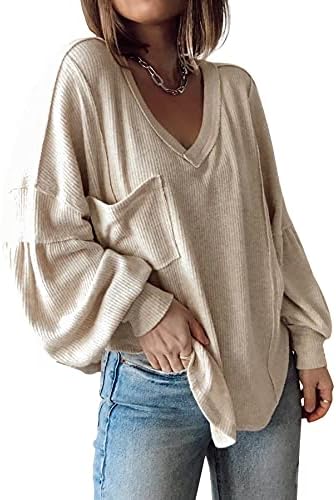 BTFBM Women Casual V Neck Ribbed Knitted Shirts Tunic Tops Loose Balloon Sleeve Solid Pullover Blouses Top with Pocket(Solid Apricot, Large)