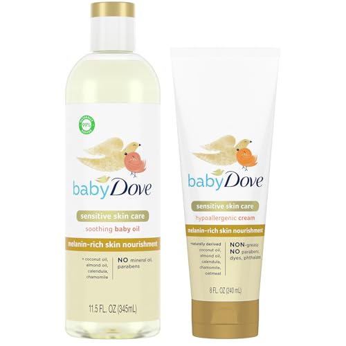 Image of Dove Baby Oil & Baby Lotion, Melanin-Rich Skin Nourishment – Sensitive Skin Care Soothing Baby Oil & Hypoallergenic Cream with Coconut & Sweet Almond Oil, Calendula & Chamomile (2 Piece Set)