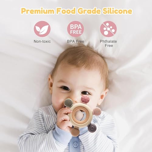 Image of Silicone & Wood Baby Teether - BPA-Free Teething Toy for 3+ Months Baby, Soothing Sensory Toy for Infants, Ideal Gift for Newborns Silicone Rudder with Wooden Ring Soothe Babies Gums