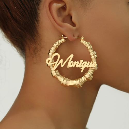 Custom Name Hoop Earrings, Personalized Bamboo Hoop Earrings, 18K Gold Plated Big Hoops, Custom Gifts for Mom, Grandma, Women4