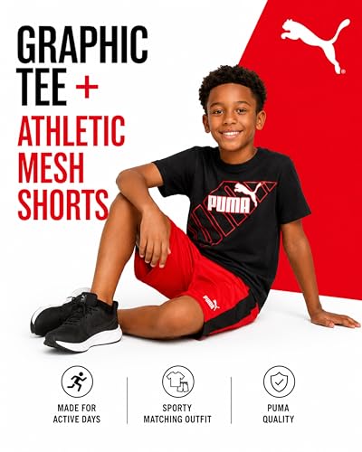 Image of PUMA Boys Short Set - 2 Piece Short Sleeve Crewneck Performance Graphic Tees and Athletic Mesh Shorts for Boys (Sizes: 4-16)