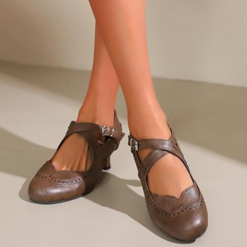 SACFOF Women's Mary Jane Low Kitten Heel Vintage Chunky Heels Ankle Strap Closed Round Toe Pumps Oxford Brogue Work Dress Shoes3
