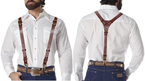 Image of Leather Suspenders for Men Heavy Duty Western Gallus Vintage with Hooks