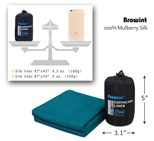 Image of BROWINT Silk Sleeping Bag Liner, Silk Sleep Sack, Extra Wide 87 inchx43 inch & 87 inchx34 inch, Lightweight Travel Sheet for Hotels, Envelop Style 73 inchx34 inch, Hooded Mummy 87 inchx37 inch, More Colors, Reinforced Gussets