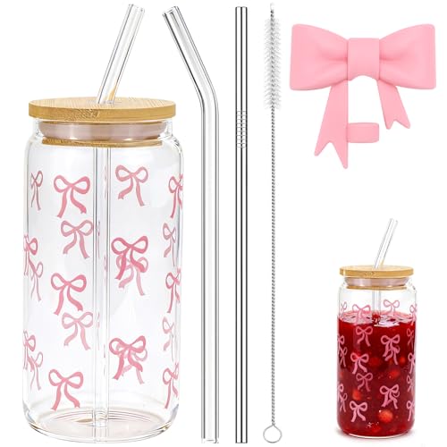 UGBO Trinkgläser mit Deckel und Strohhalm Glass Tumbler 16 oz Bubble Tea Becher Eiskaffee Gläser Bow Glasbecher Trinkbecher für Tee Iced Coffee Cocktails Teenager mädchen geschenke