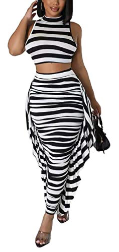 Image of YUEWOO 2 Piece Outfits for Women Sexy Crop Top Ruched Bodycon Maxi Dresses Fringe Skirt Sets Night Club Jumpsuits