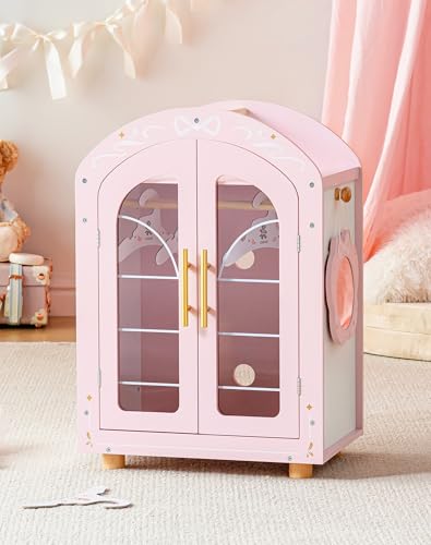 ROBUD Wooden Baby Doll Closet Doll Wardrobe Closet for 18 Inch Dolls with Mirror 3 Hangers Pink Ballet Style Baby 18 Inch Dolls Furniture Doll Pack and Play Gift for Girls 3+ Years