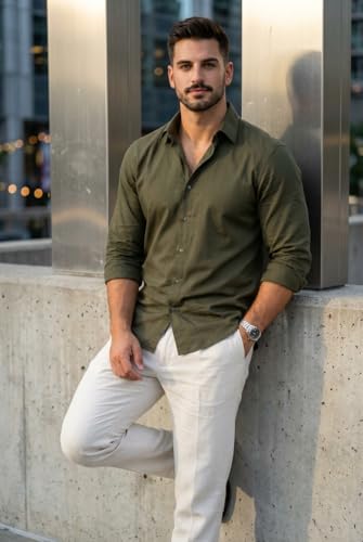 Image of IndoPrimo Men's Cotton Shirt with Stylish Full Sleeves Spread Collared Neck Solid Pattern Western Style Classic Fit and Standard Length | Casual Shirt for Man
