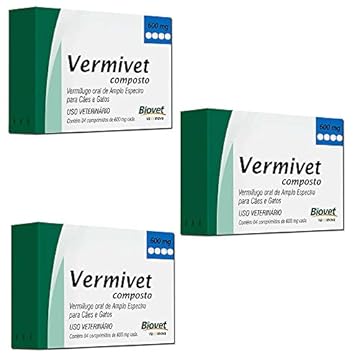 Combo 3Un Vermivet Composto 600mg 4cps Cães e Gatos - Biovet