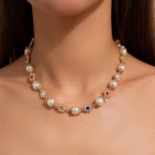 IOETSEUT Damen Halskette Schwester Halskette Elegante Imitation Perle Perlen Kette Halskette für Frauen Halsband Ehe Braut Goth Strass Halsband Party Schmuck Geschenke Neue Mädchen Geschenke