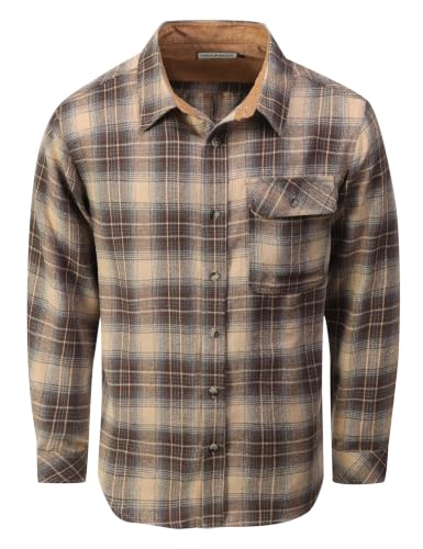 Drazivon Men's Button Down Long Sleeve Cotton Flannel Shirt Plaid Taupe L - image 1