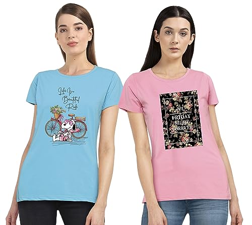 Image of Combo Women's T-Shirts, Cotton Half Sleeves Round-Neck Printed T-Shirt for Girls, & Women Tees (Pack of 2) 960-980-