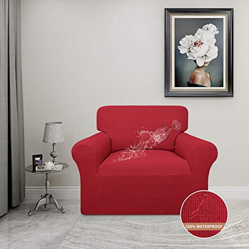 Image of Easy-Going 100% Waterproof Chair Couch Cover, Stretch Jacquard Sofa Cover | Dual Waterproof Sofa Slipcover, Leakproof Furniture Protector for Kids, Pets, Dog and Cat (Loveseat, Christmas Red)