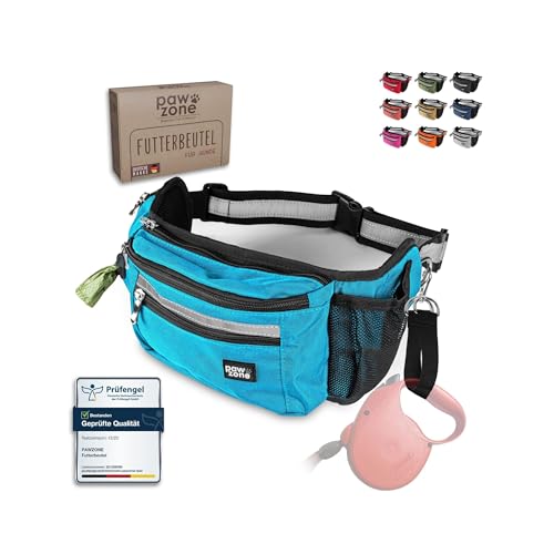 PAWZONE Futterbeutel Hunde - Leckerlibeutel für Hunde - Bauchtasche für Hunde Zubehör - Leckerlitasche für Hunde - Inkl. Reflektorband & Zusatzgurt für Flexileine (Azurblau)