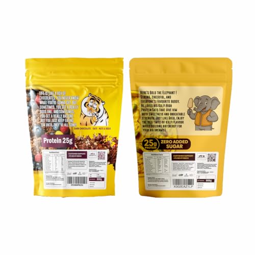 Image of GrowFitz 25g High Protein Oats 800 Gram, Pack of 2 | Chocolate & Kulfi Flavor Combo Breakfast Oatmeal | 17g High Fiber, Almonds, Raisin, Pumpkin, Chia Seeds, Super Rolled Oats | No Added Sugar
