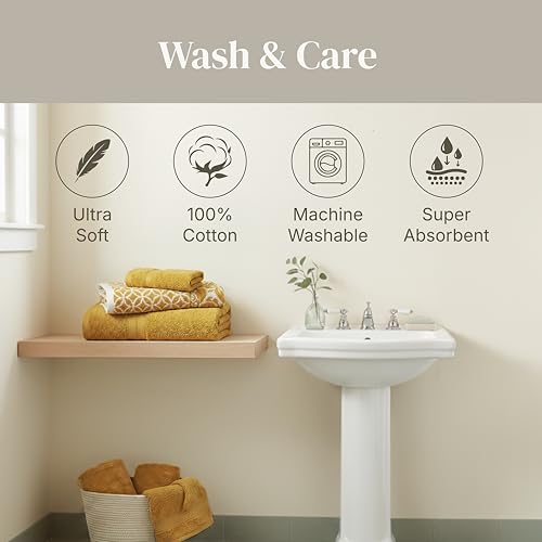 Image of Modern Threads 6 Piece Bath Towel Set - Bathroom Set with 2 Bath Towels, 2 Hand Towels, and 2 Wash Cloths - 100% Cotton, Super Absorbent & Extra Soft - Reversible Botanical Vine (Gold)