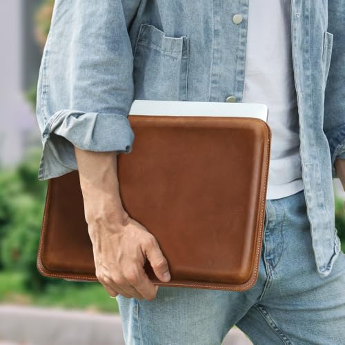 Image of CONTACTS Full Grain Leather 16 inch Laptop Case Slim Laptop Sleeve | Compatible with MacBook Pro 16.2 inch, Handmade, Light Brown