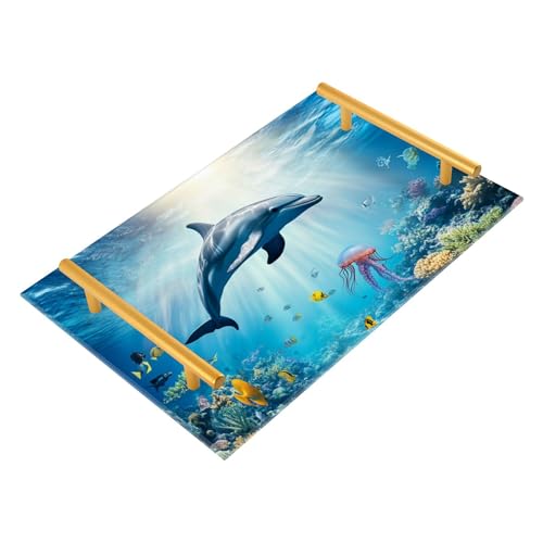 Bathroom Vanity Tray Counter Organizer, Dolphin in The Sea Decorative Tray with Handles Countertop Storage for Bathroom Bedroom Kitchen Home Farmhouse
