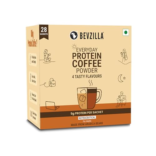 Image of Bevzilla Everyday Protein Instant Coffee Powder |280 GM(28x10g) | 5g Protein Each | Arabica Coffee | No Added Sugar | Hot & Cold Coffee Premix for Energy & Fitness