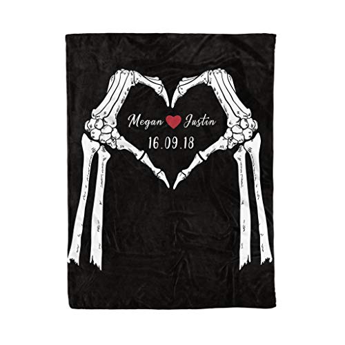 Personalized Couple Skull Heart Love Fleece Blanket Best Custom Couple Gift for Mother's Day Wedding Anniversary Customize Fleece, Sherpa Blanket for Mom for Dad