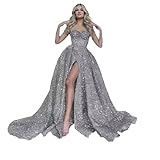 Mauuwy Sliver Shiny A-line Long Evening Dresses Puffy Sleeveless Party Prom Dresses with High Side Slit Sparkly Sequin Formal Dresses Size 20 Plus