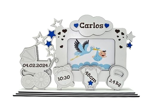 Genérico Marco personalizado nacimiento bebé azul/rosa, datos nacimiento bebé azul/rosa, recién nacido, foto de 10x15cm, personalizado con texto.