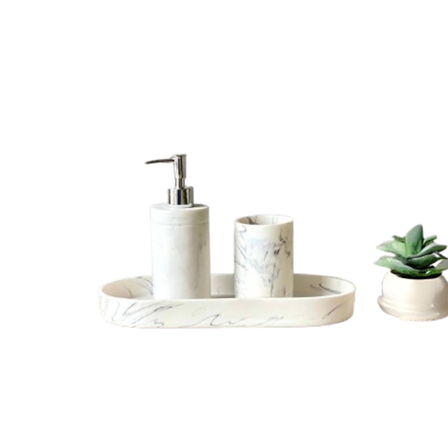 MASON HOME Opulent Marble Set - White (Set of 3) | Accessories Set - 1 Tray, 1 Tumbler & 1 Liquid Soap Dispenser | Toothbrush & Tooth Paste Stand - Brush Holder - Handwash | Washroom Decor - Organizer