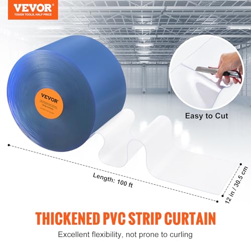 Image of VEVOR Strip Curtain, 100' Length x 12 inch Width x 0.12 inch Thickness, Clear PVC Smooth Curtain Strip Door Bulk Roll, Plastic Door Strips for Doorway of Supermarket, Garage, Warehouse, Barn, Pet Animal House