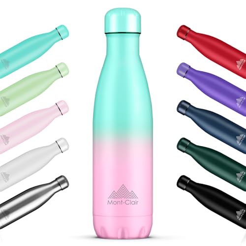 Mont-Clair l'O Stainless Steel Water Bottle, Vacuum Insulated - BPA Free, 12h Hot & 24h Cold Drinks, Metal Water Bottle 500ML Leakproof, Ideal for Adult, Kids, Running - Gradient Cyan/Pink