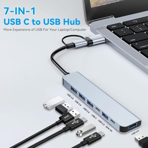 Image of Tobo USB C Hub 7 in 1 Multiport USB Adapter with 1x USB 3.0, 4X USB 2.0 Ports, 1x USB C and 1x 60W PD Charging Port for MacBook Pro /Air, iMac, Surface Pro, More