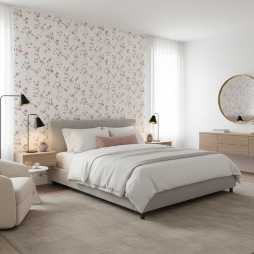 Image of White & Pink Floral Self Adhesive Wallpaper with Small Pink Flowers, Waterproof PVC Vinyl Peel and Stick, Bedroom, Living Room and Furniture (45x300 cm - Pack of 1)