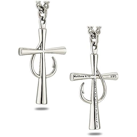 Shields of Strength Men's Fish Hook Cross Pendant Necklace Matthew 4:19 Bible Verse Faith Christian Gift Religious Chain Fishermen Fishing Cover