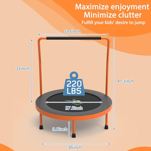 3FT Foldable Kids Trampoline, 36'' Indoor & Outdoor Mini Trampoline for Toddlers, Max Capacity 220 LBS, Adjustable Handlebar, Quiet & Safe Design