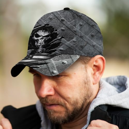 Image of Skull Baseball Cap for Men, Grim Reaper Death Crack Old Metal with Flag, Men's Hat, Adjustable Motorcycle Soft Caps