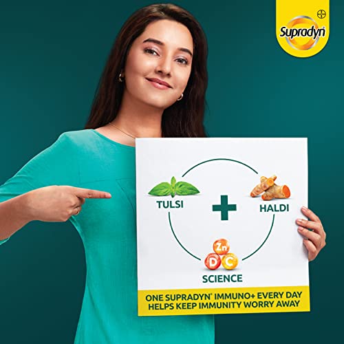 Supradyn Immuno +, Multivitamin Vit C, Vit D, Zinc, Unique blend of Tulsi, Turmeric, Shatavari & Ashoka, Pack of 12 x 10 Tablets