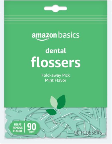 Image of Amazon Basics Mint Dental Flossers, Shred Resistant, Slides Easily Between Teeth, with Fold-Away Pick, 90 Count, 12-Pack (Previously Solimo)