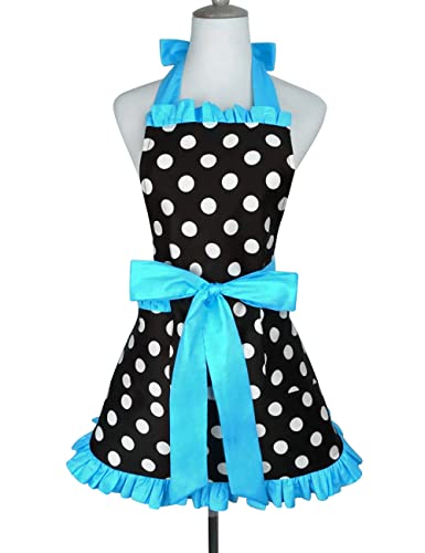 Floosum Lovely Polka Dot Retro Ruffle Side Sexy Cute Lady's Kitchen Cooking Apron With Pocket Gift For Women Girls Housewarming, Blue #TOP1