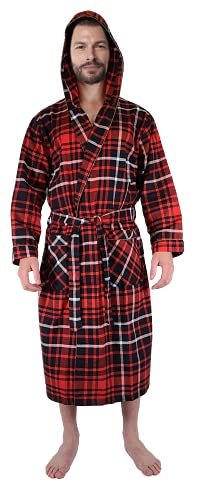 Andrew Scott Mens' Robe with Hoodie| Cotton Flannel Brush Plaid | All Season | Full Length House Robe
