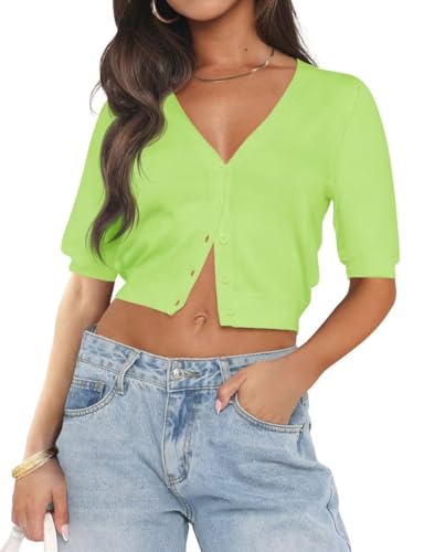 Image of LEEDYA Summer Cardigans for Women Lightweight Short Sleeve Open Front Knit Cropped Sweaters V Neck Button Up Bolero Shrug Top