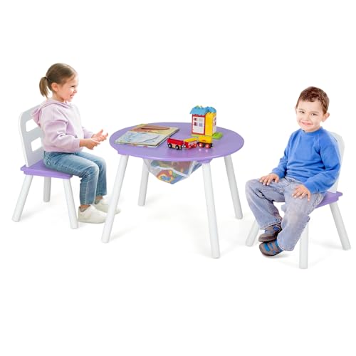 COSTWAY Mesa y Silla Infantil, Mesa Actividades y 2 Sillas con Centro de Red y Patas de Madera Pino, Mesa y Silla para Niños de 3+ Años para Artesanías Comidas y Estudio (Morado)