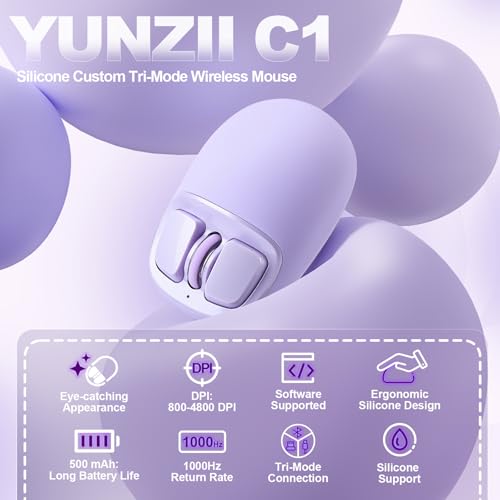 Image of YUNZll C1 Silicone Wireless Mouse, Tri-Mode 2.4G /USB-C /Bluetooth Mouse, 4800 DPl Optical Tracking, 6 Adjustment Levels,Customize Mice for Laptop, Computer, iPad, MacBook (Purple)