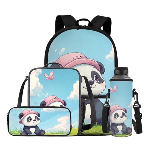 TSOVTHRID 4 mochilas para niños escolares de gran capacidad para niños con fiambrera, bolsas escolares para niñas de 7 a 10 años, Lindo panda