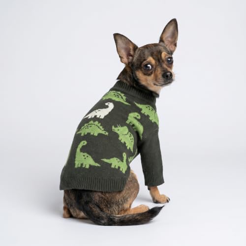 Image of Fitwarm Dinosaur Dog Jacquard Sweater, Knitted Winter Clothes for Small Dogs Boy Girl, Cozy Pet Outfit, Dark Green, Olive, White, Large