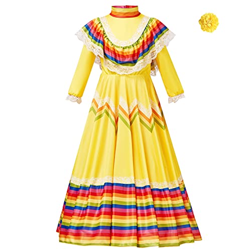 Generisch Robe traditionnelle mexicaine pour enfant fille - Style national - Manches longues - Danse - Princesse - Avec coiffe - Cosplay - Carnaval - Fête...