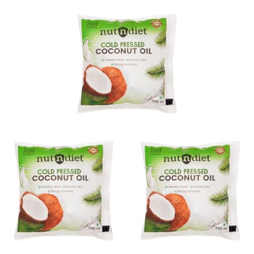 Image of nutndiet Cold Pressed Coconut Oil 500ml Pouch | Pure & Natural | Ideal for Cooking, Skin Care, Hair Care & Massage | Chemical-Free, Rich in Nutrients & Antioxidants (Pack of 3)