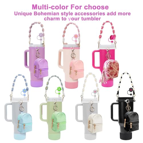 Image of House of Quirk 7 PCS Cup Accessories Set | Tumbler Accessories for 30oz & 40oz | Silicone Boot, Handle Strap, Coin Purse & Straw Covers (White Charms, Tumbler Not Included)