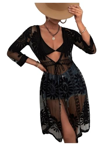 SOLY HUX Swim Cover Up for Women Sheer Mesh Embroidery 3/4 Sleeve Open Tie Front Kimono Swimsuit